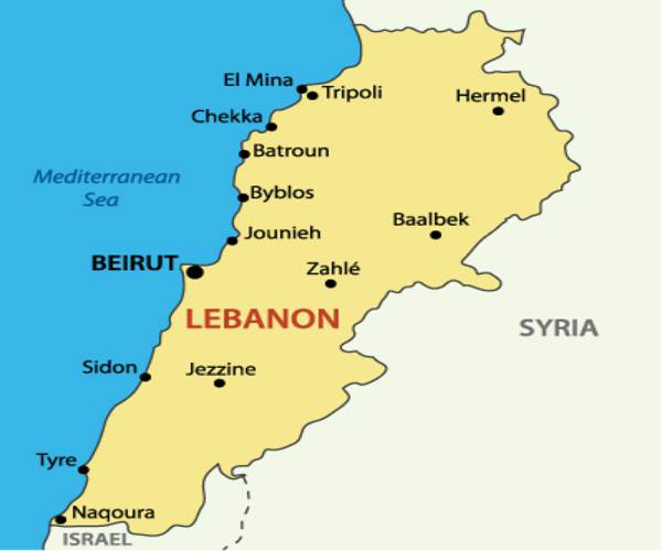 نقشه بنادر و شهرهای مهم کشور لبنان