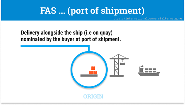 در FAS فروشنده کالا را برای صادرات ترخیص می کند و آن را در کنار کشتی معرفی شده توسط خریدار در بندر مبدا تحویل می دهد.